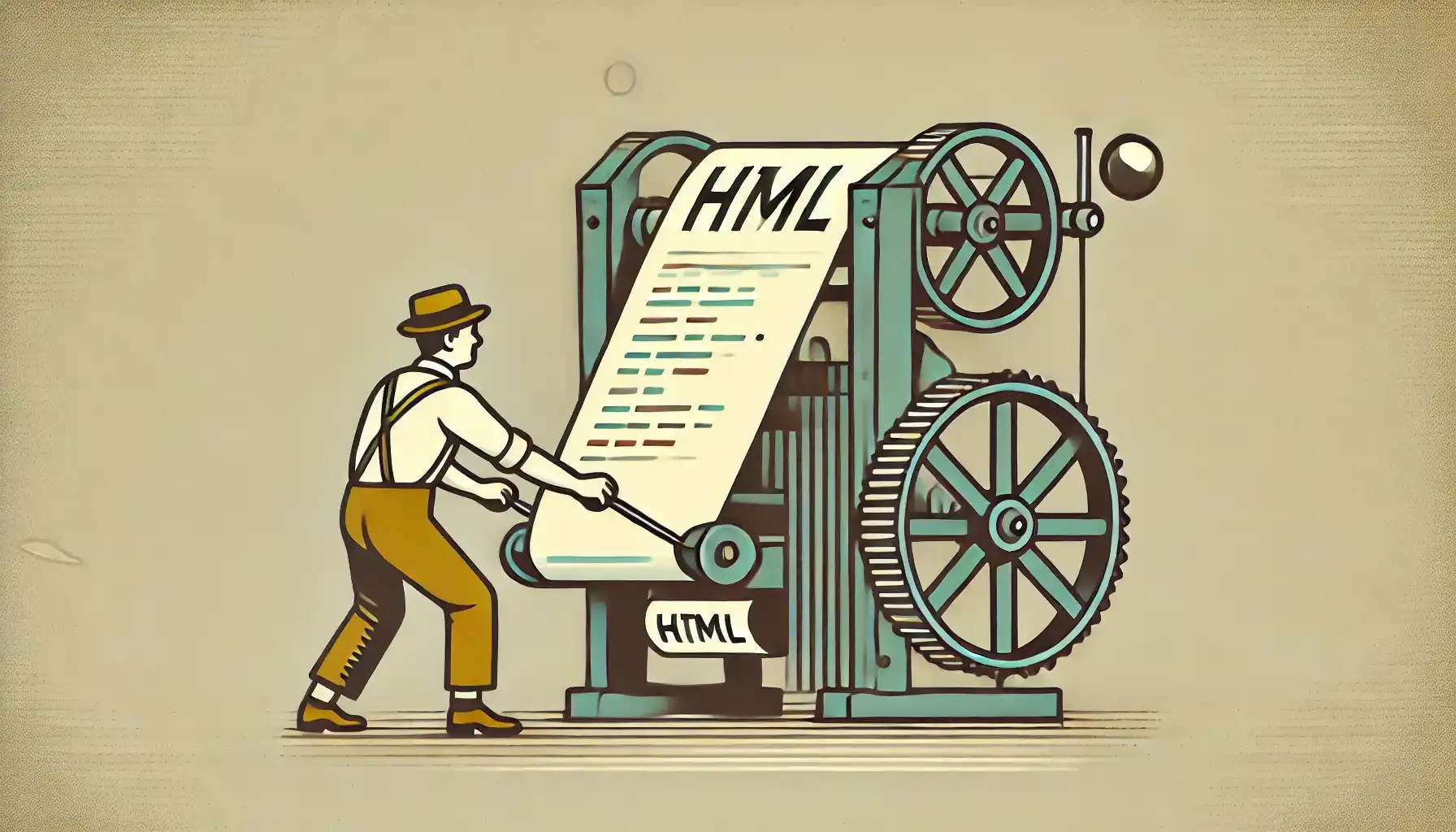 A man working a printing press printing HTML code