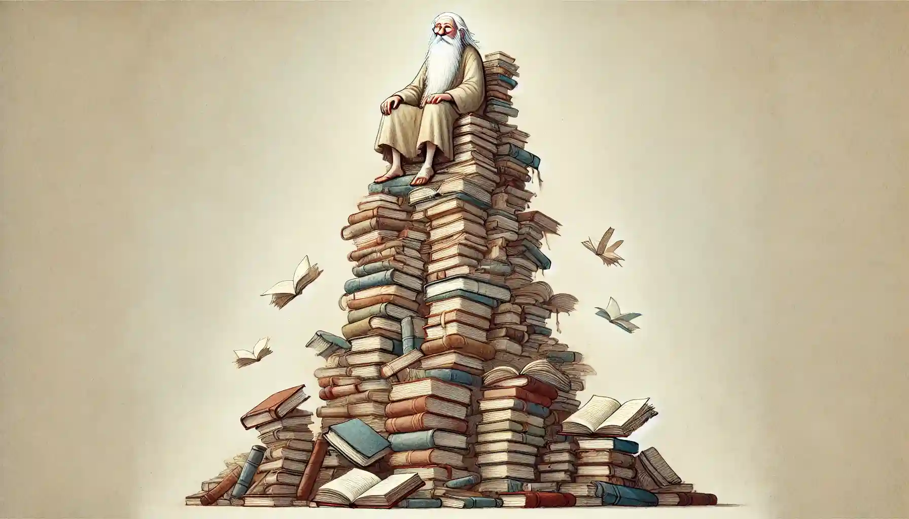 An old man sitting astride a tall pile of books