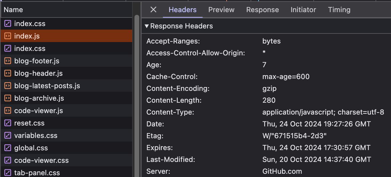 browser devtools showing network requests for plainvanillaweb.com