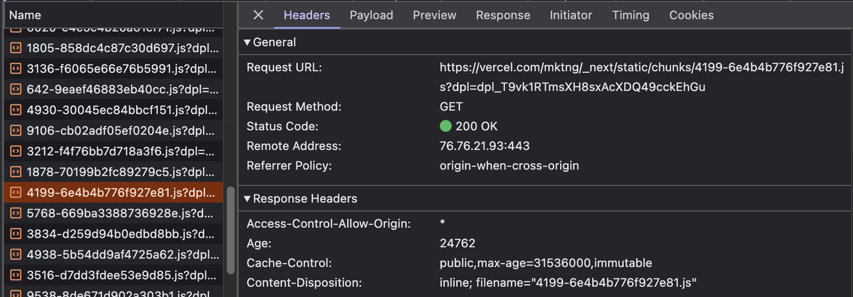 browser devtools showing network requests for vercel.com