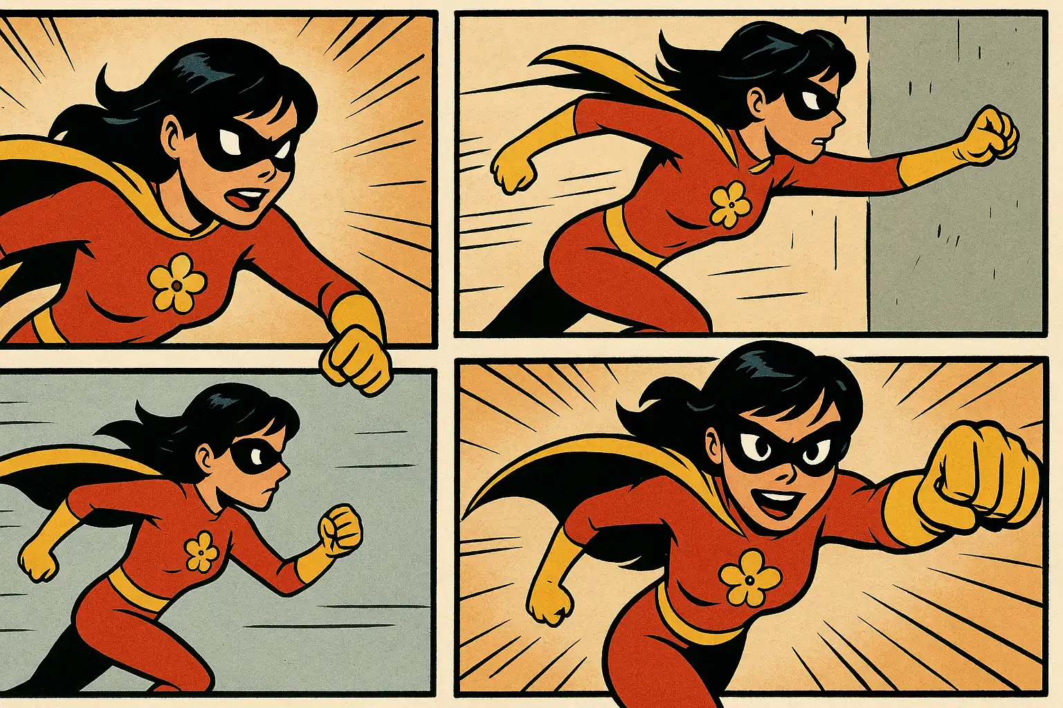 A vanilla superhero girl breaking through comic cell walls.